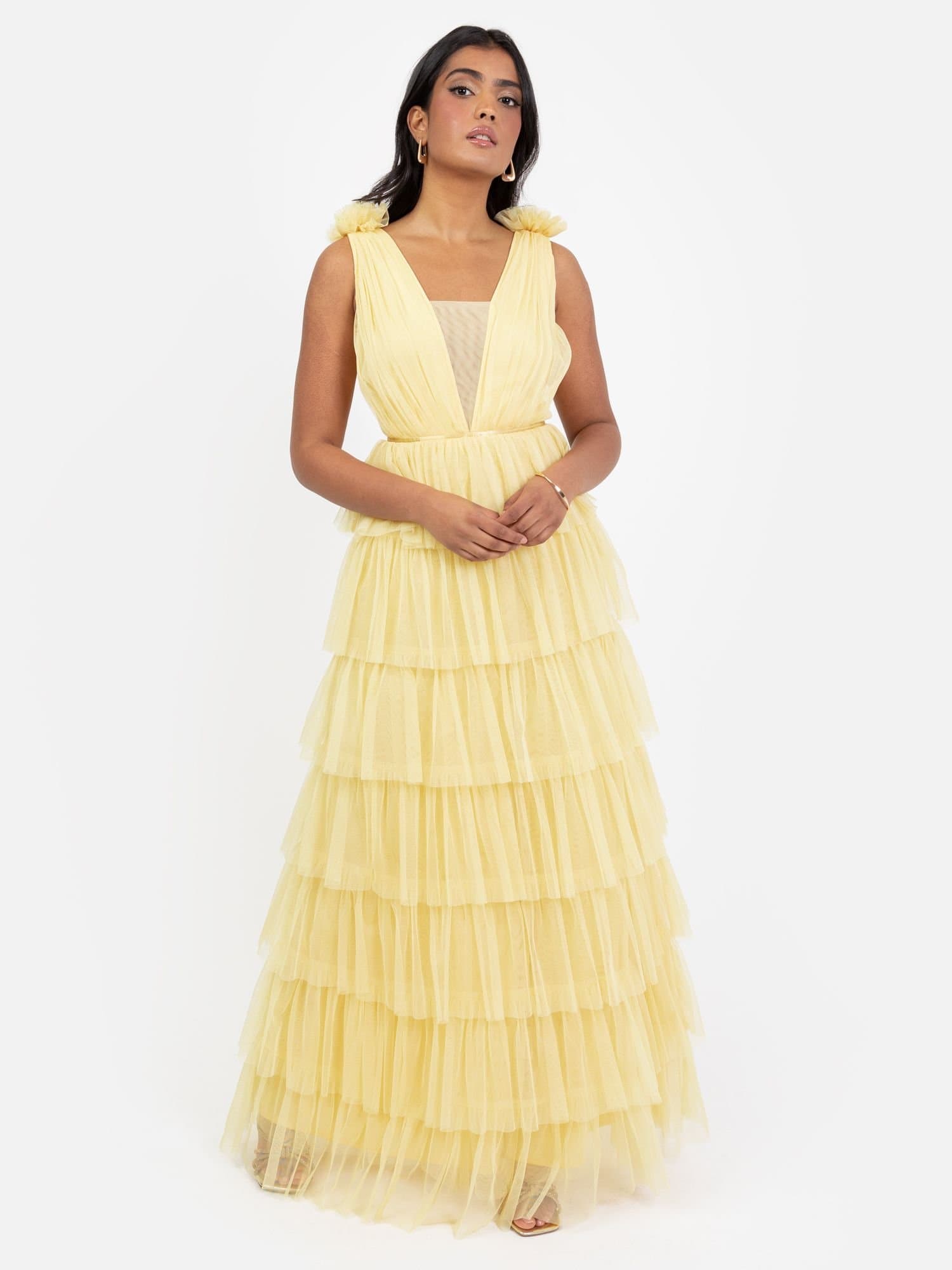 Anaya with Love Anaya with Love Women's Plunge Front Tiered Maxi Dress in Yellow