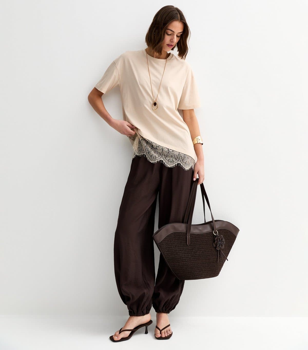 New Look Women's Stone Cotton Scalloped Lace T-Shirt New Look