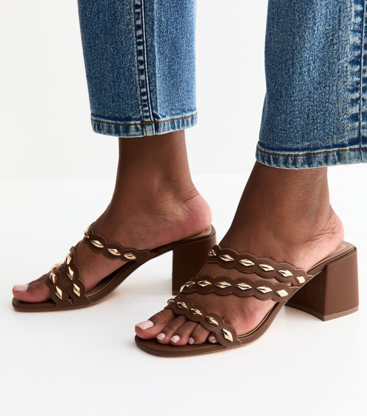 New Look Women's Tan Scalloped Strap Block Heel Mules Vegan New Look