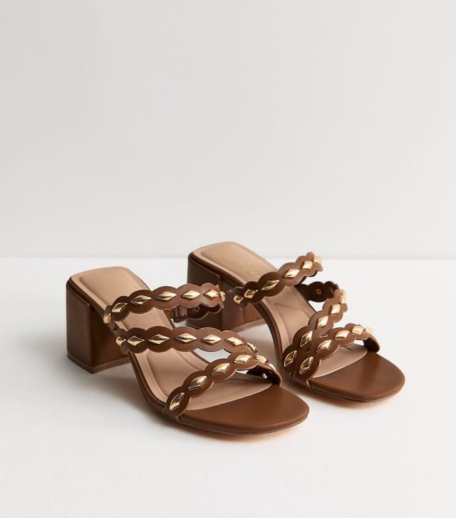 New Look Women's Tan Scalloped Strap Block Heel Mules Vegan New Look - 3