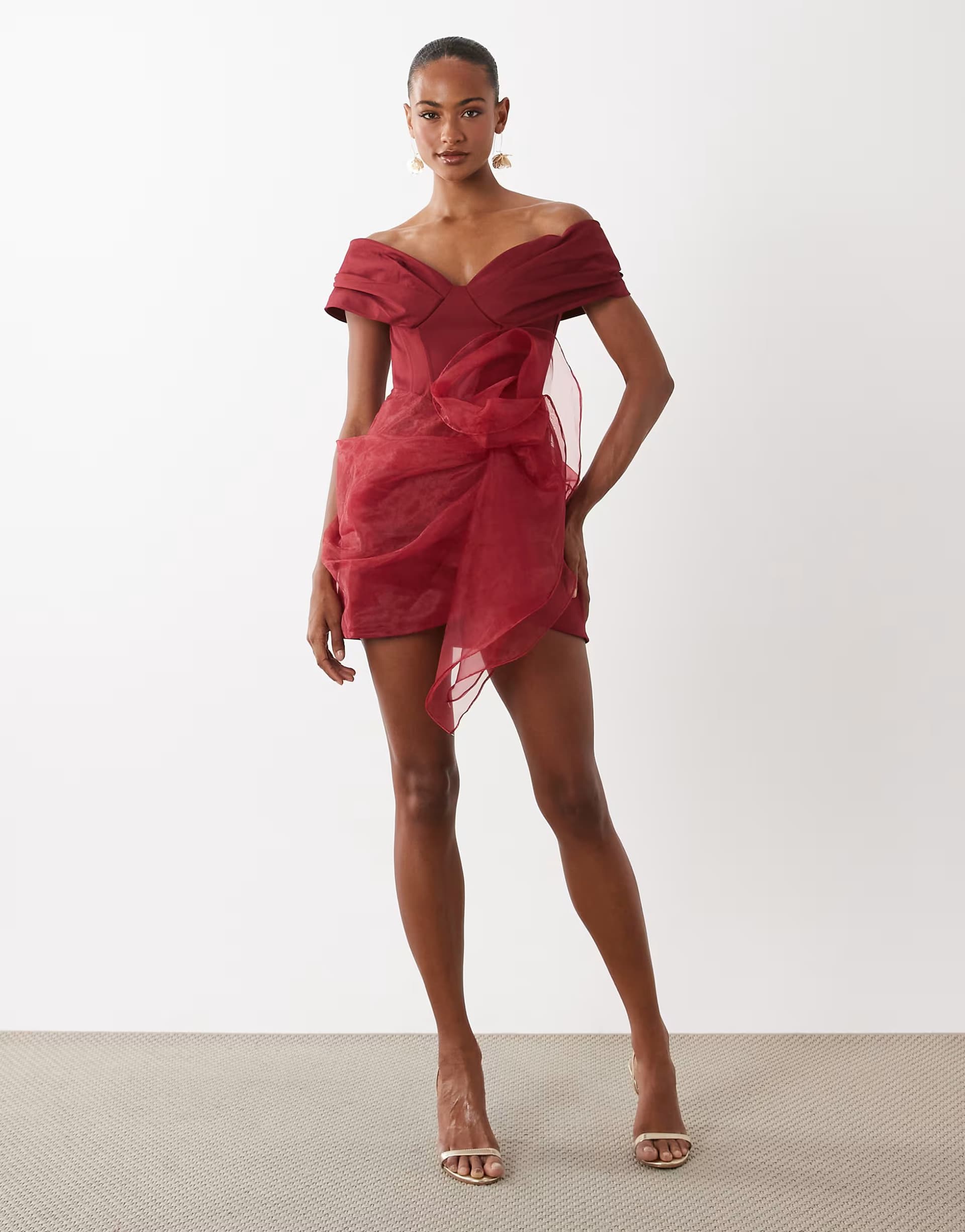 ASOS ASOS LUXE bardot structured mini dress with organza skirt in burgundy