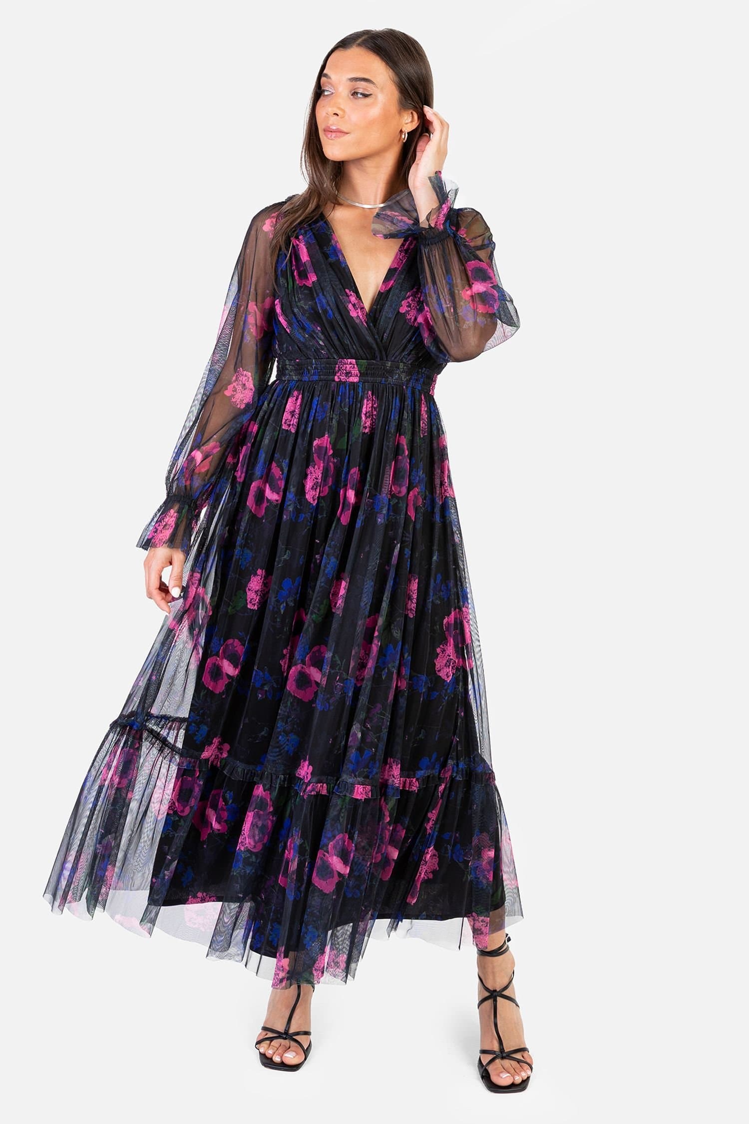 Anaya with Love Anaya with Love Women's Floral Print Faux Wrap Long Sleeve Midaxi Dress