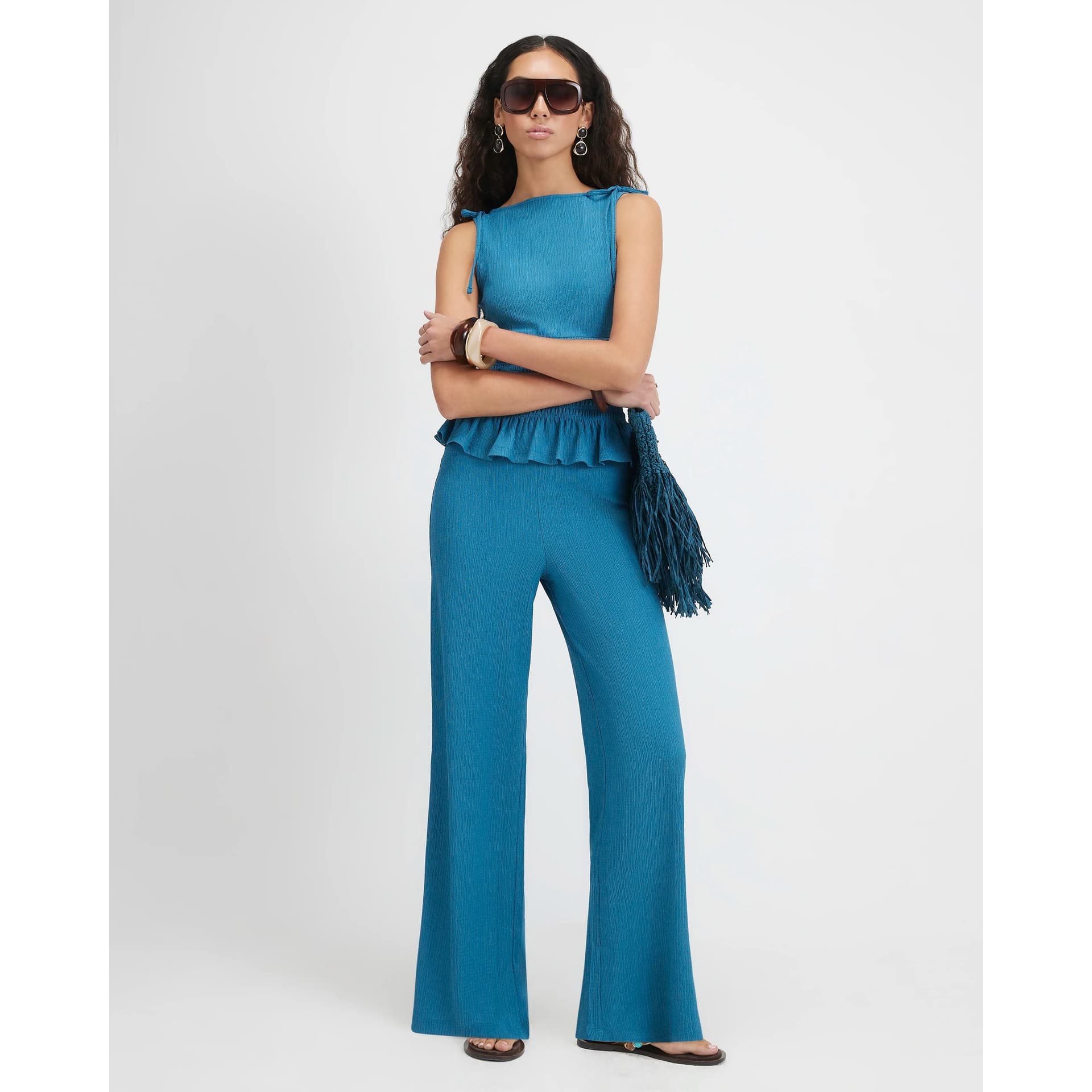 River Island River Island Womens Green Textured Wide Leg Trousers