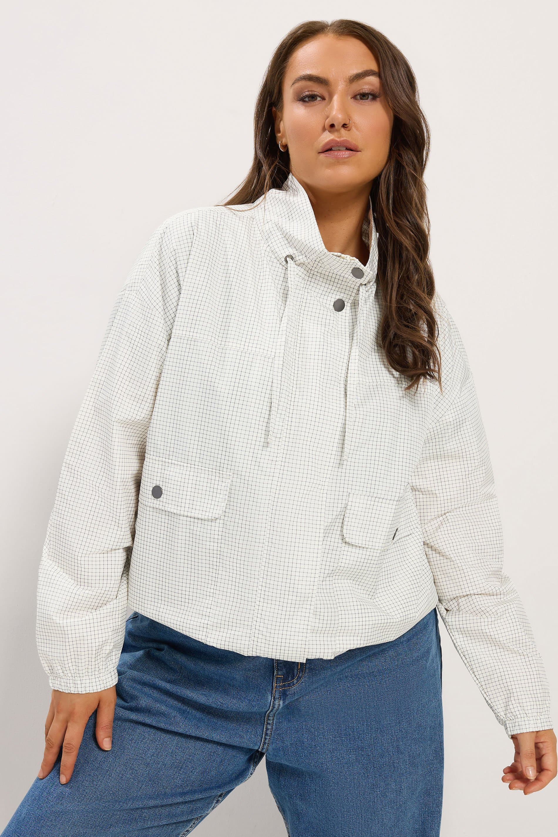 Yours Plus Size White Check Lightweight Funnel Neck Jacket
