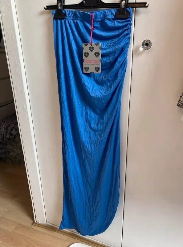 Boohoo Boohoo blue stretchy ruched split slit midi maxi skirt size 6 XS