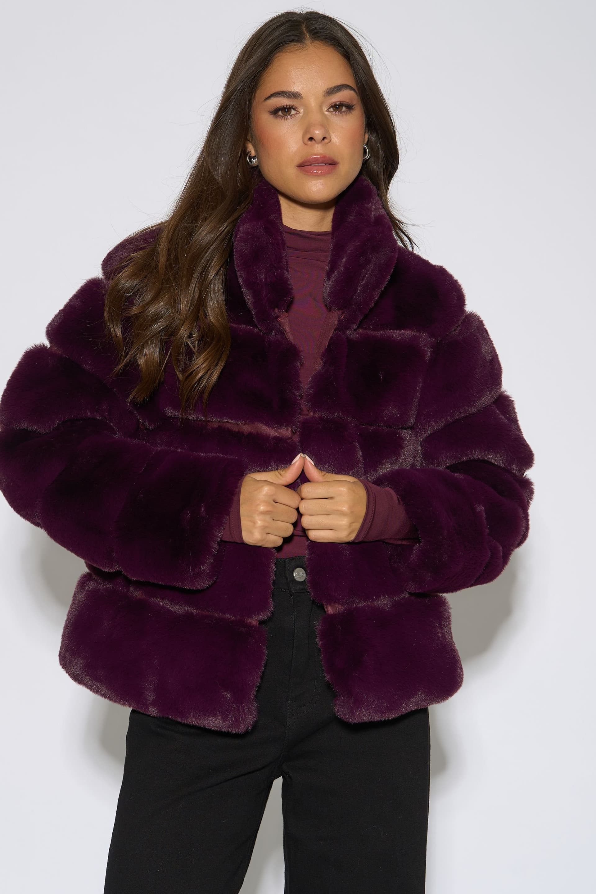Gini London Gini London Women's Plum Panelled Funnel Neck Faux Fur Jacket