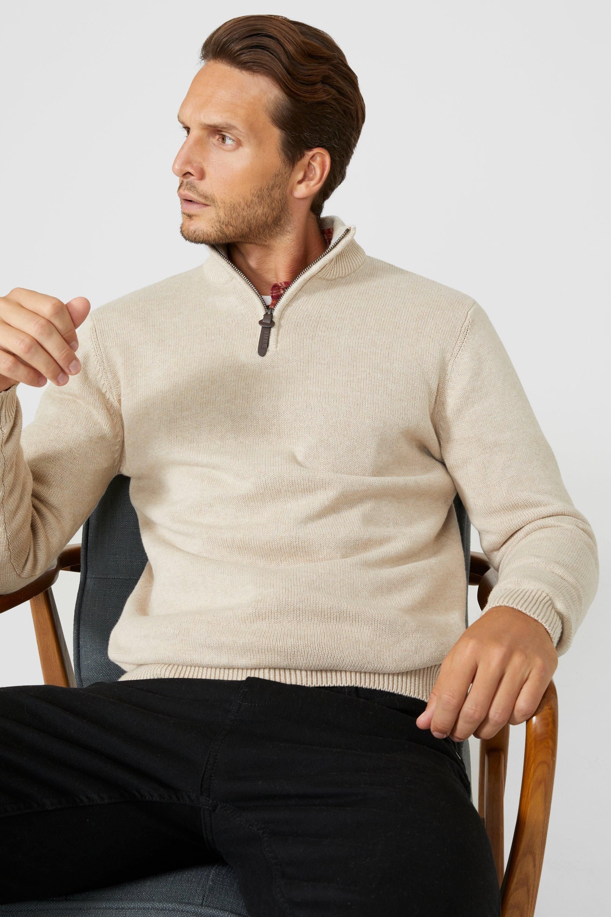 Maine Maine Men's Premium Pure Cotton Half Zip Funnel Jumper in Stone - 2