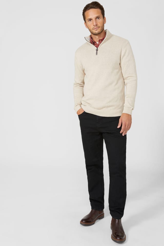 Maine Maine Men's Premium Pure Cotton Half Zip Funnel Jumper in Stone - 2