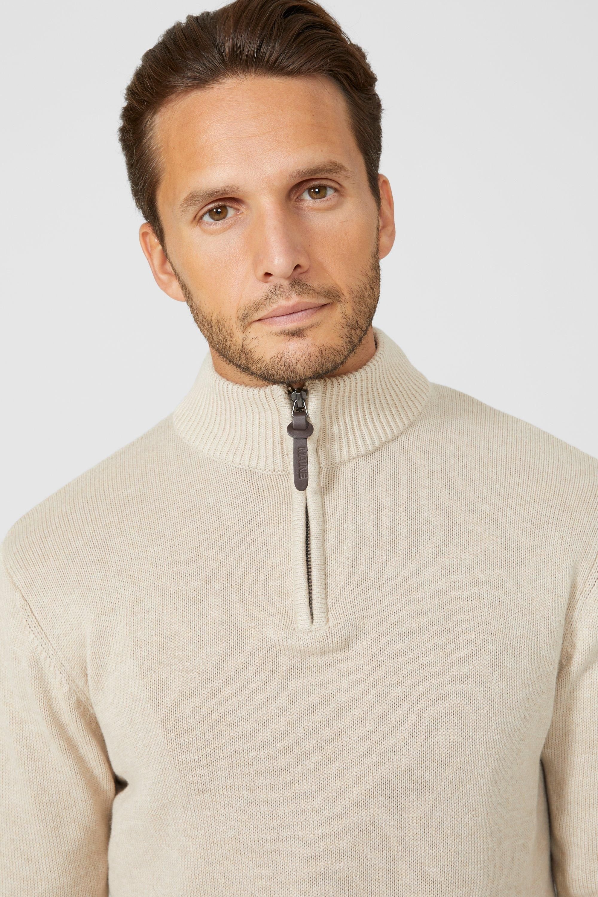 Maine Maine Men's Premium Pure Cotton Half Zip Funnel Jumper in Stone - 3