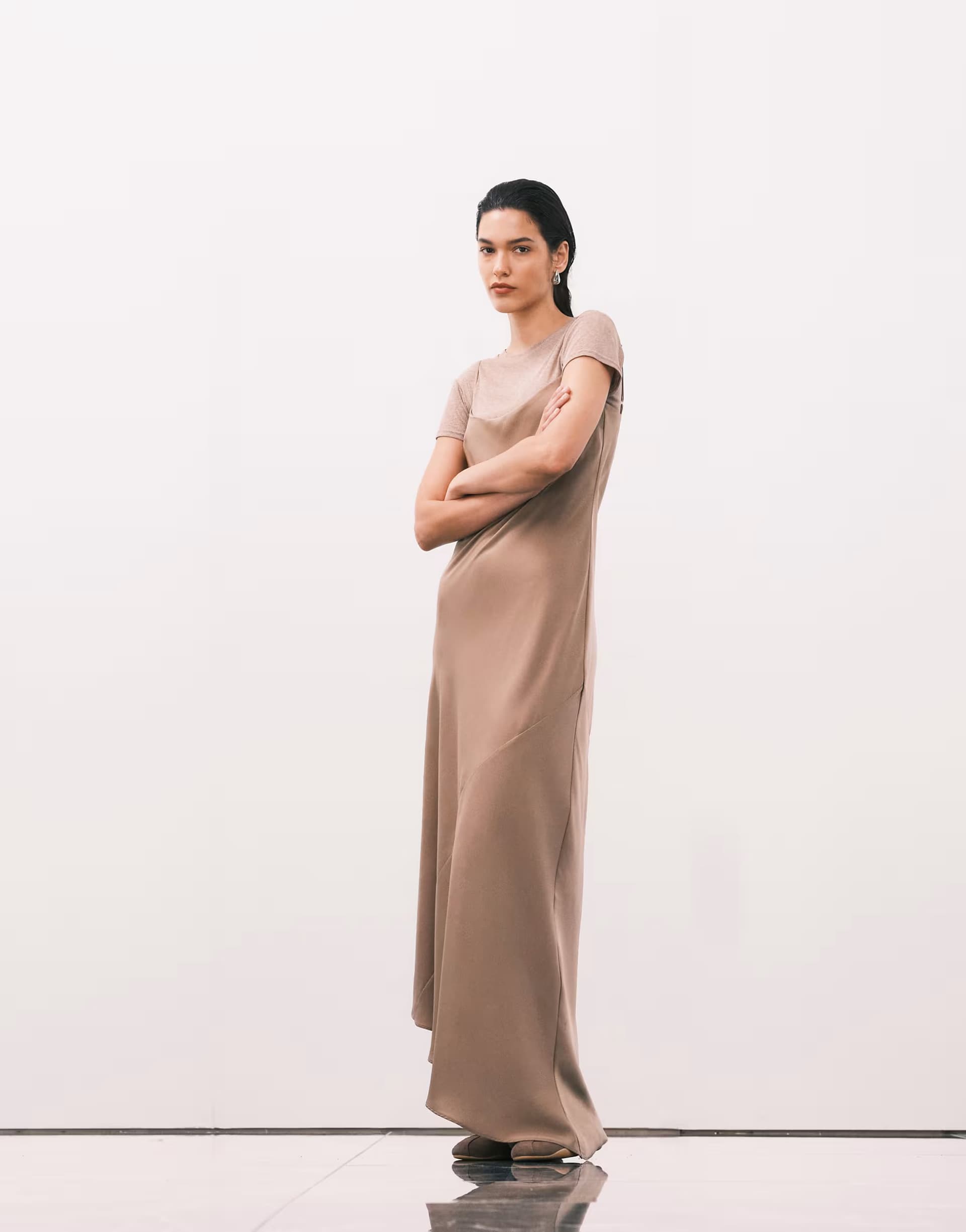 ASOS ASOS DESIGN cami satin 2 in 1 t shirt midi dress in champagne