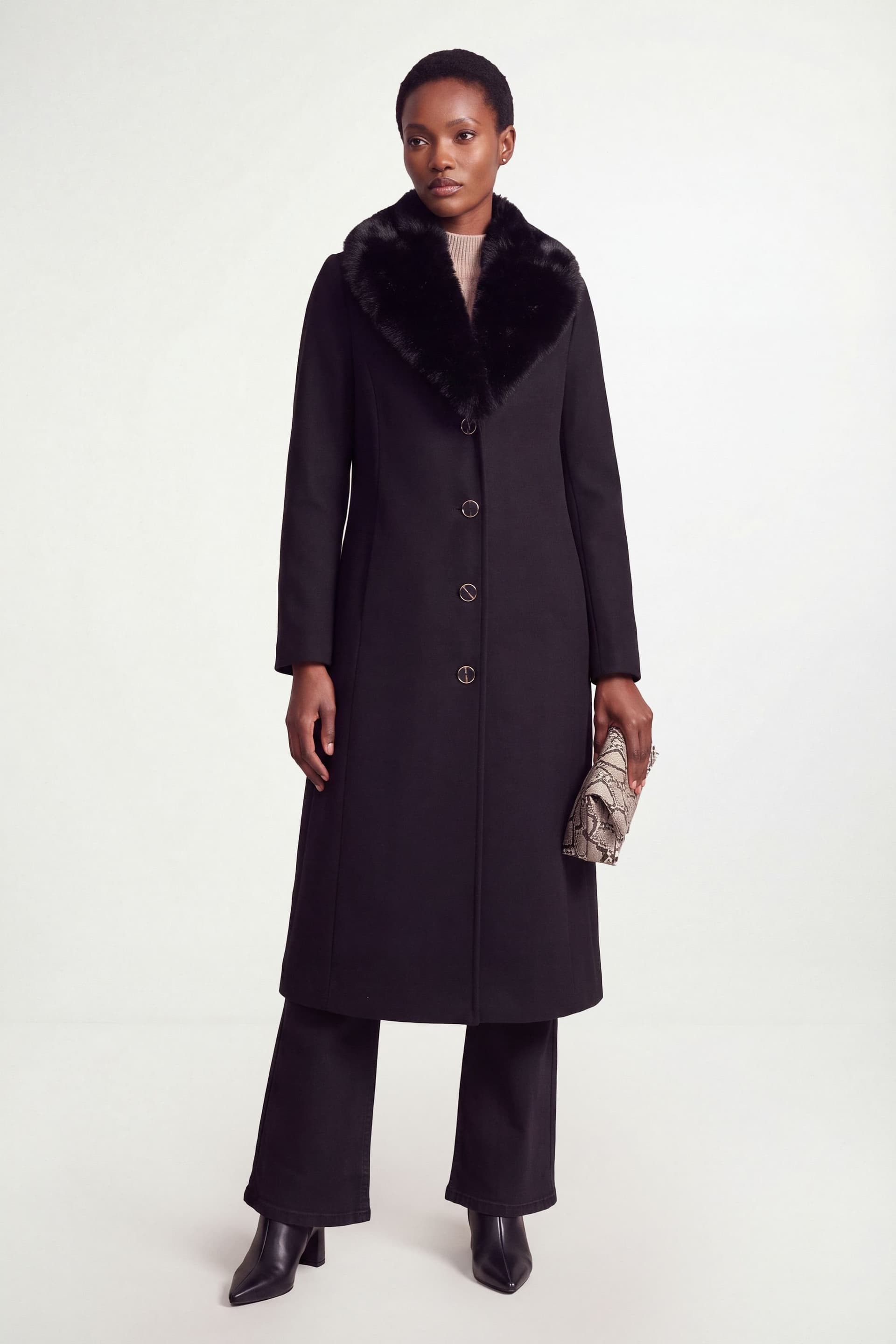 Wallis Wallis Women's Faux Fur Detachable Shawl Collar Midi Coat in Black