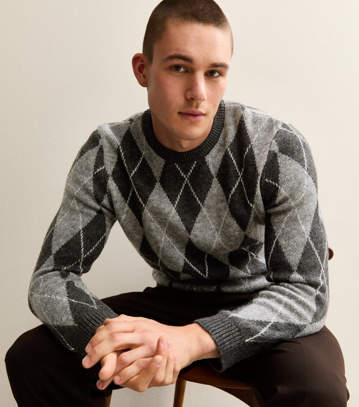 New Look Men's Grey Argyle Knit Crew Neck Jumper New Look