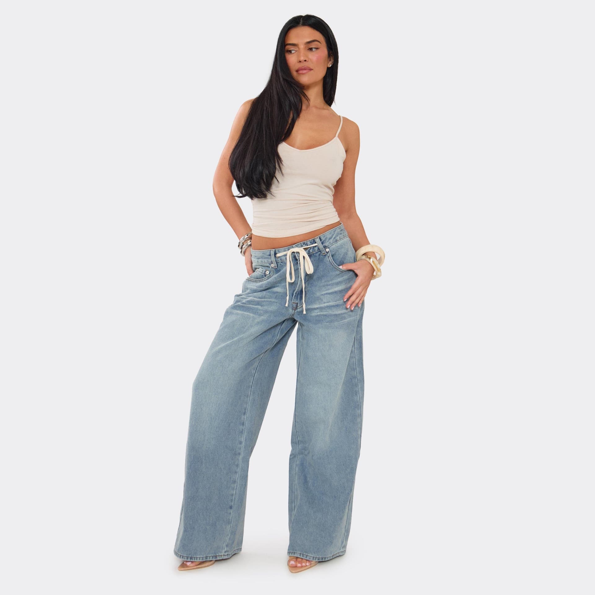 EGO Drawstring Waist Wide Leg Jeans In Blue Denim, Women's Size UK 6