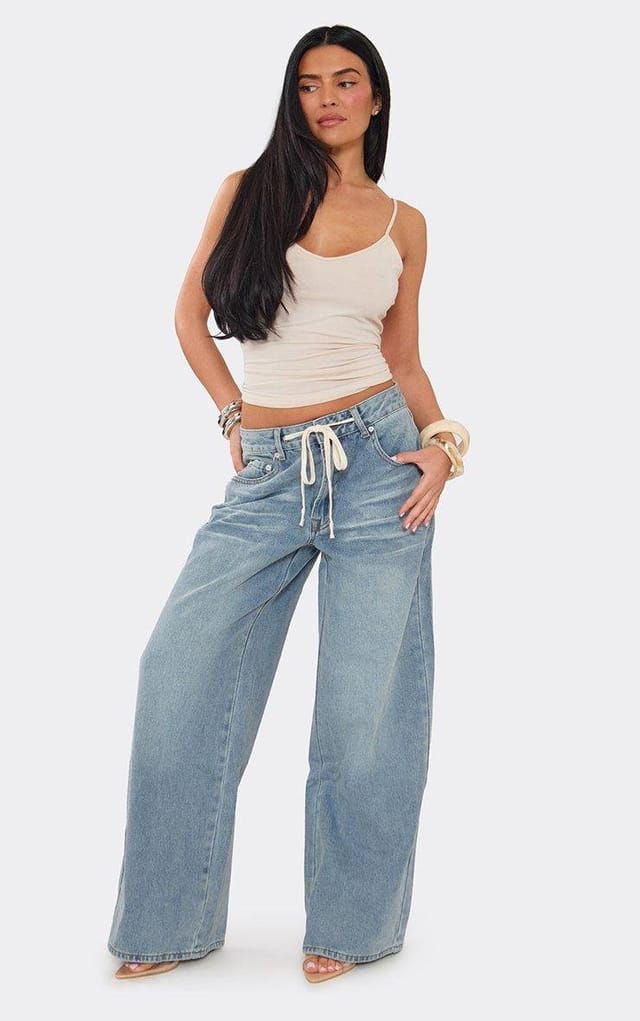 EGO Drawstring Waist Wide Leg Jeans In Blue Denim, Women's Size UK 6 - 2