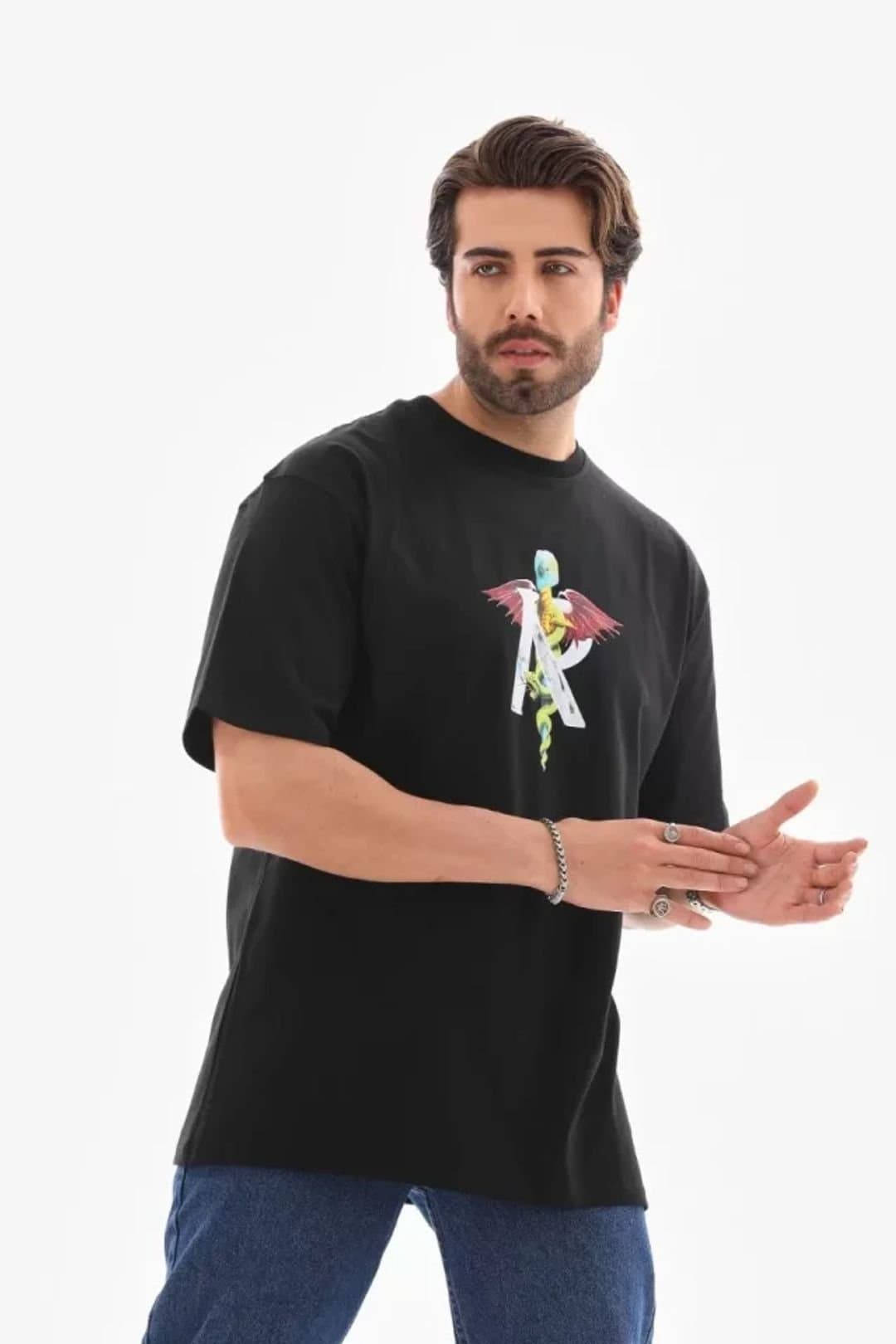 Janes Janes Men's Oversized Printed Crew Neck T-Shirt in Black