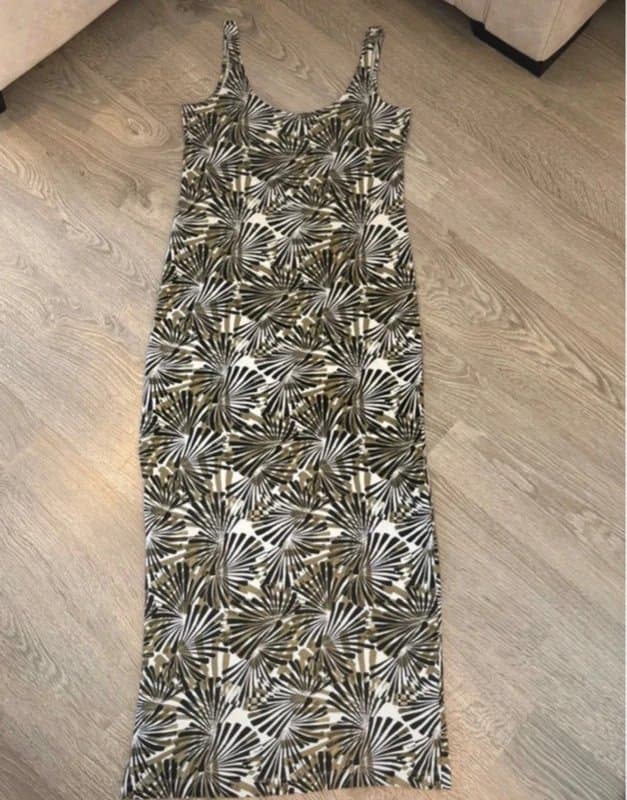 Next NEXT Palm Leaf Print Maxi Dress UK 10 Black Beige Khaki Sleeveless Summer Holiday Dress