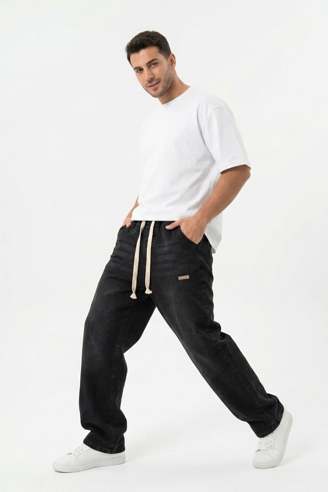 Big Dart Big Dart Men's Elastic Waist Denim Pants in Black