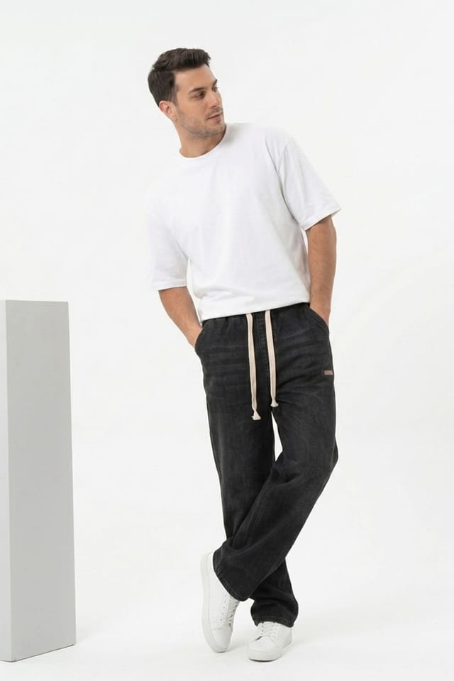 Big Dart Big Dart Men's Elastic Waist Denim Pants in Black - 3