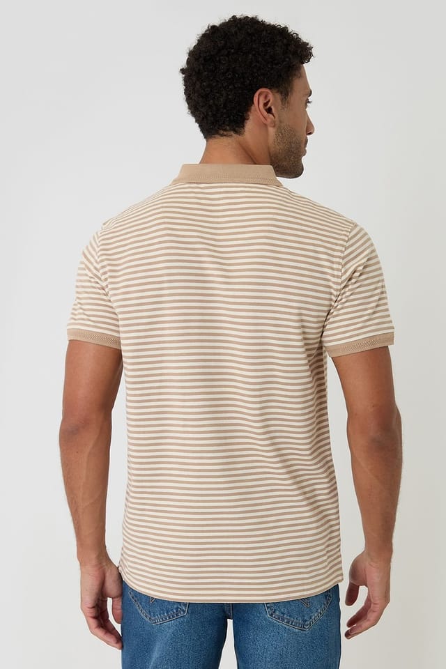 Threadbare Threadbare Men's Stripe Cotton Pique Polo Shirt in Stone - 2