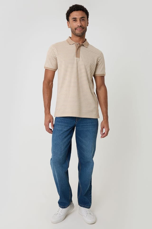Threadbare Threadbare Men's Stripe Cotton Pique Polo Shirt in Stone - 3
