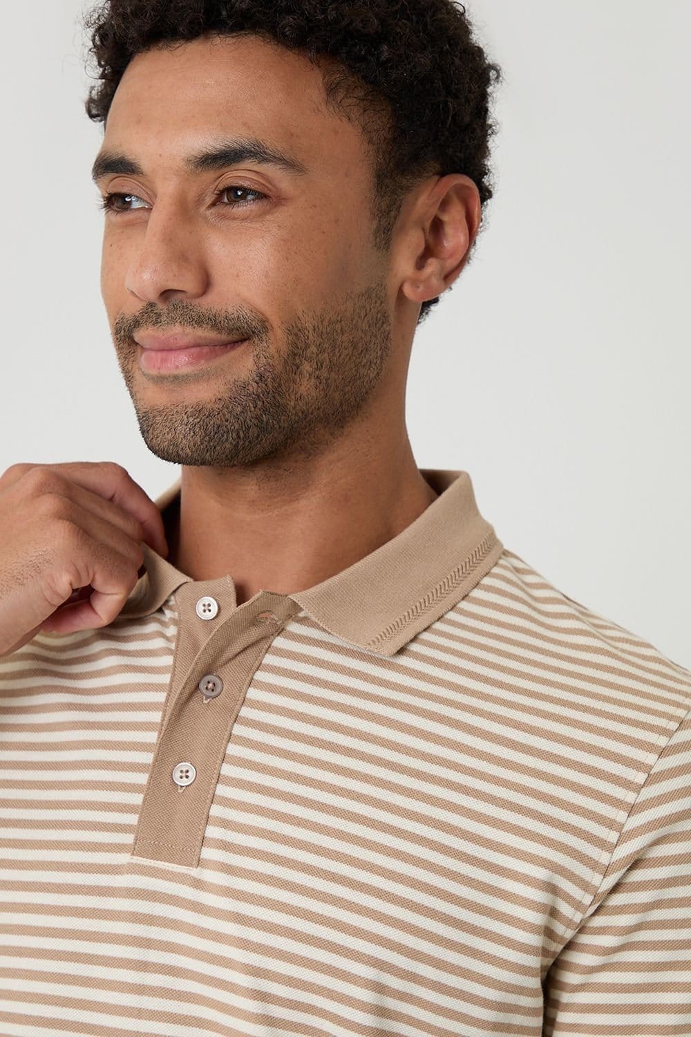 Threadbare Threadbare Men's Stripe Cotton Pique Polo Shirt in Stone - 4