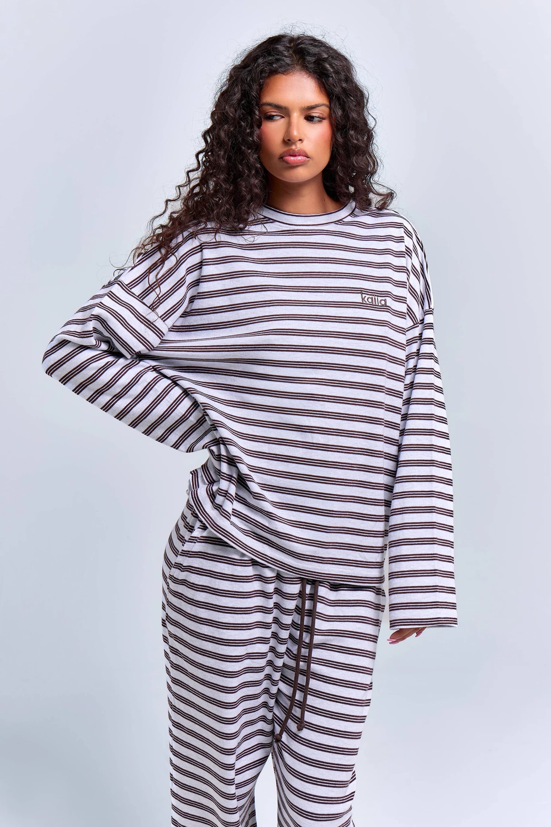 Kaiia Kaiia Interlock Stripe Oversized Top Light Grey Marl & Chocolate