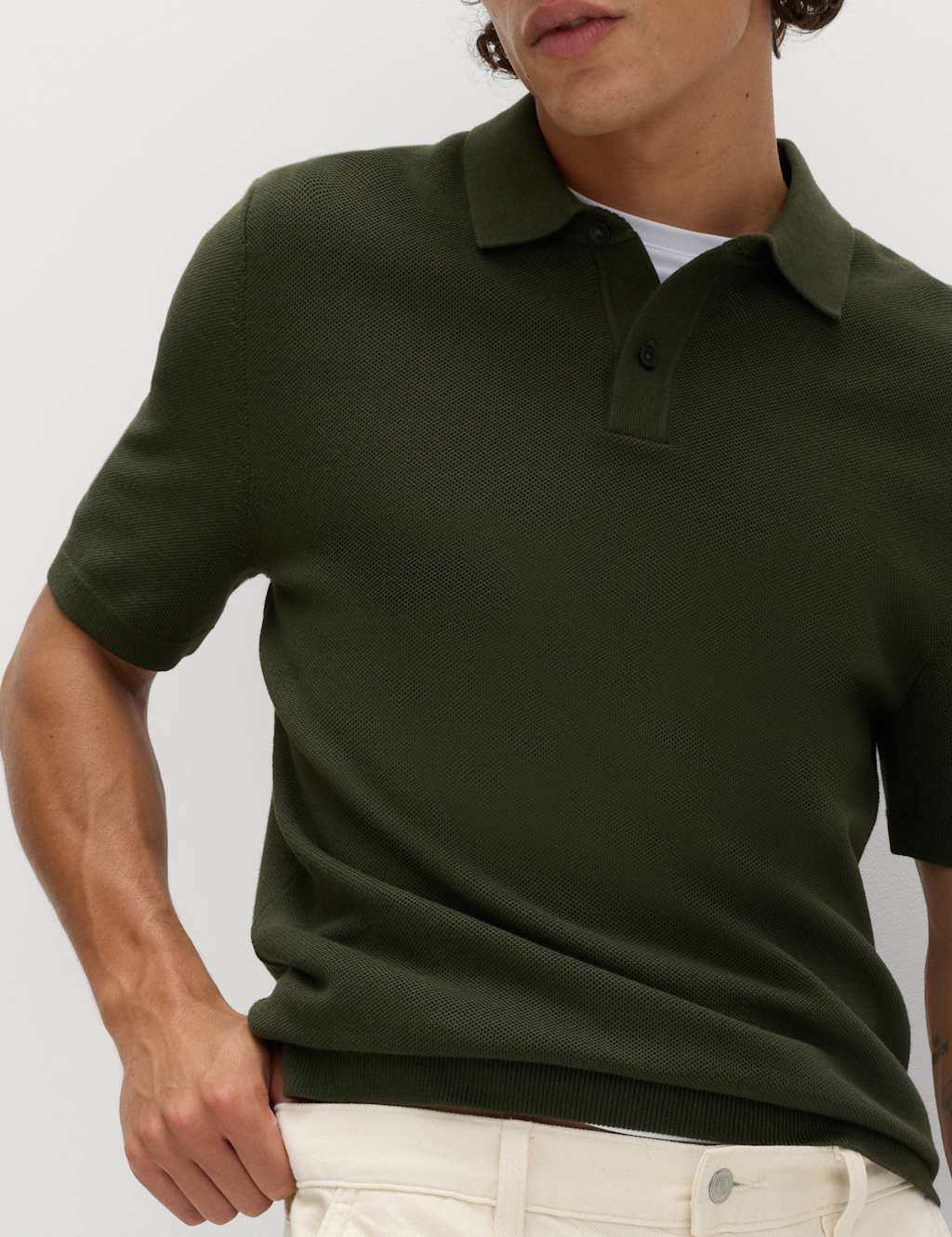 Marks & Spencer M&S Cotton Rich Slim Fit Knitted Polo Shirt Dark Khaki - 2