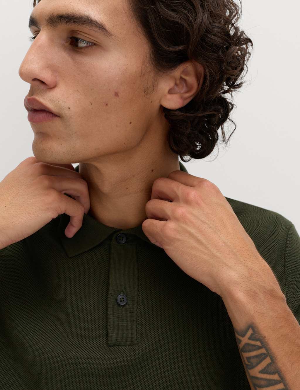 Marks & Spencer M&S Cotton Rich Slim Fit Knitted Polo Shirt Dark Khaki - 3