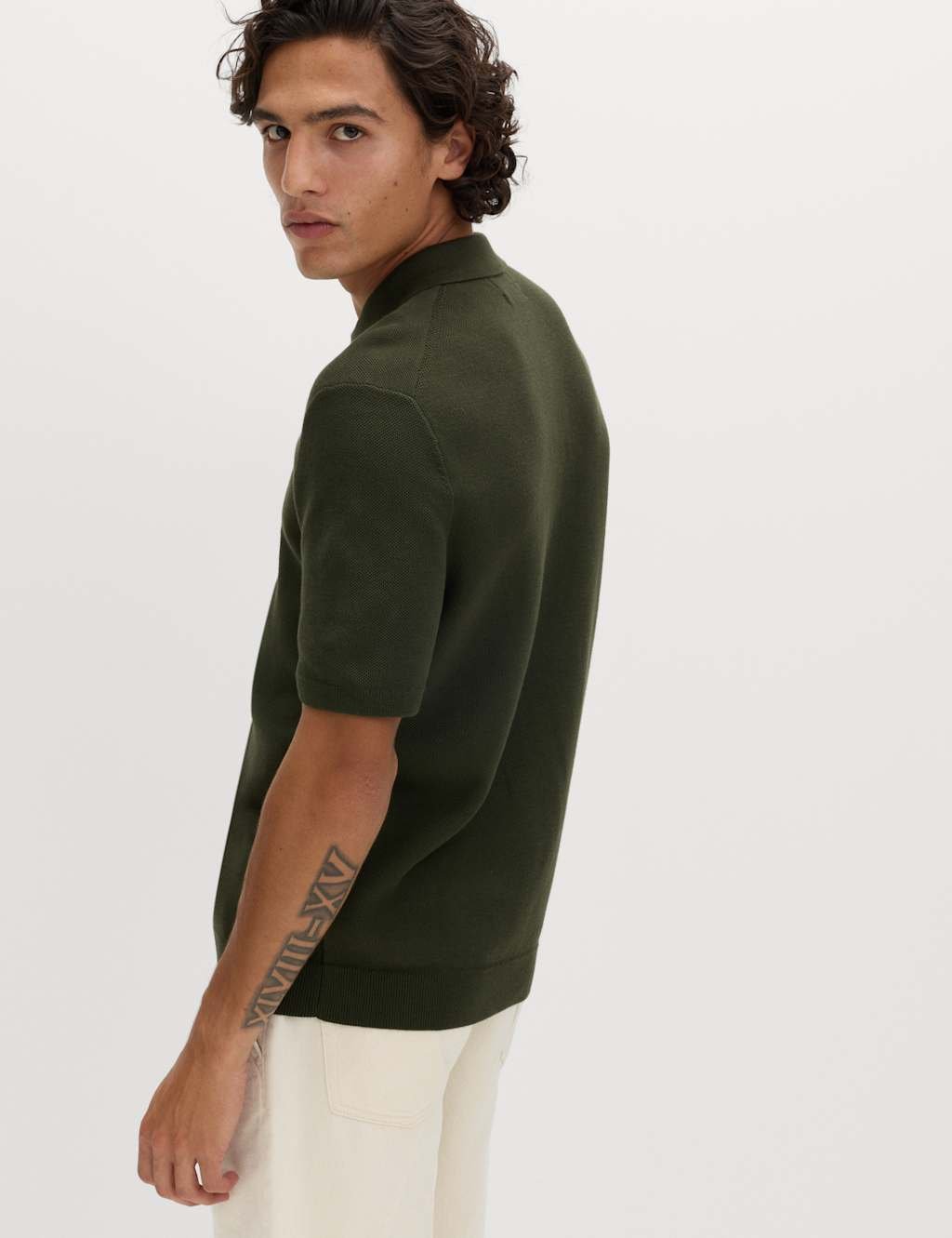Marks & Spencer M&S Cotton Rich Slim Fit Knitted Polo Shirt Dark Khaki - 4