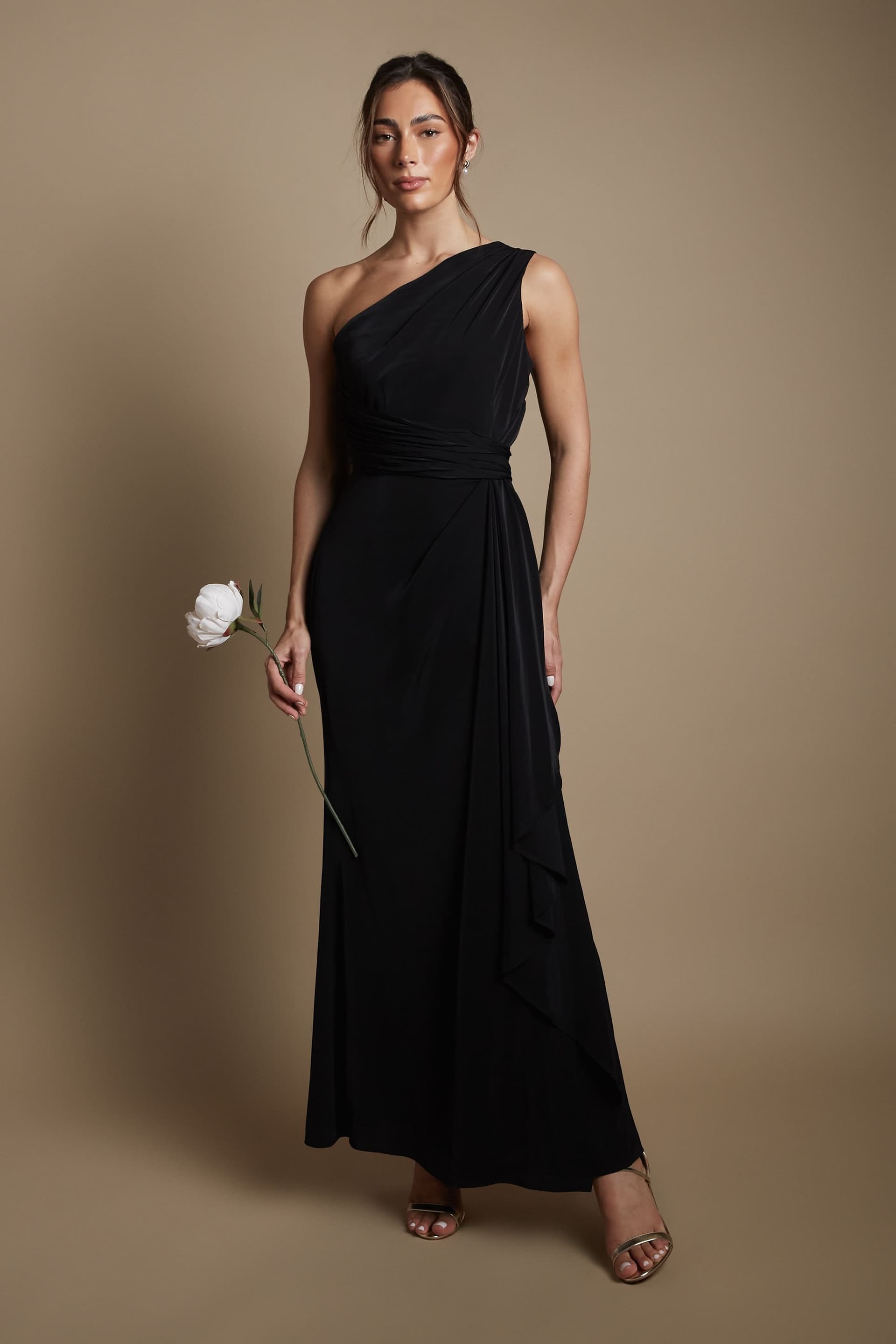 Coast Coast Women's One Shoulder Sash Waist Maxi Bridesmaid Dress in Black