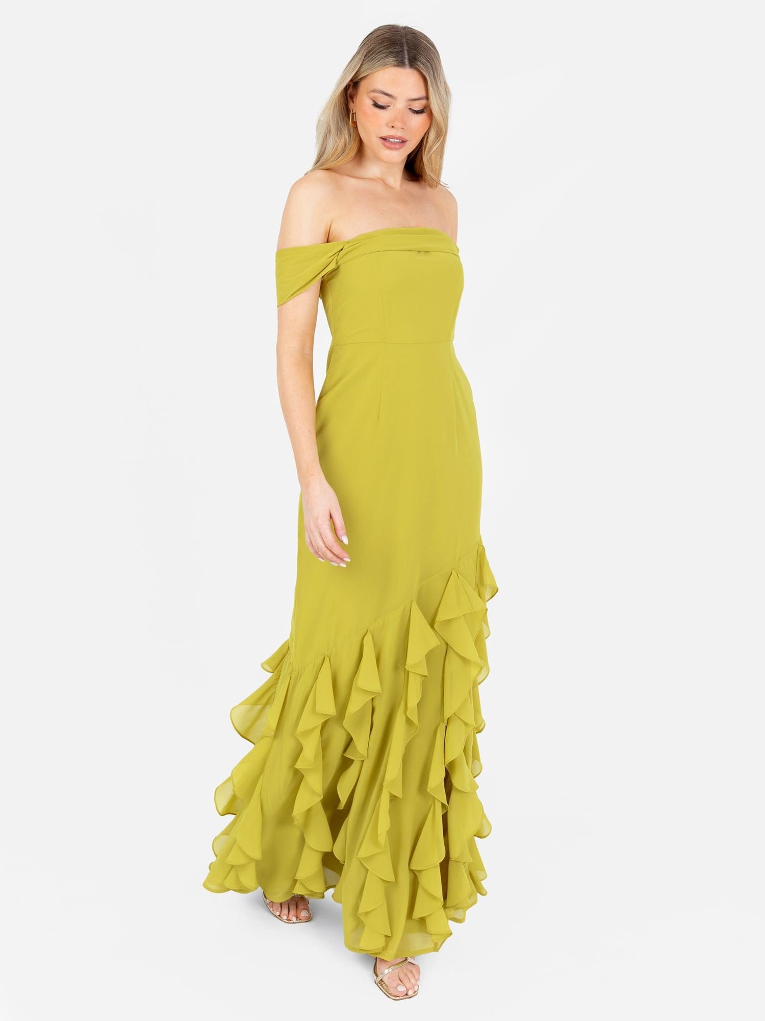 Anaya with Love Green Ruffle Bardot Maxi Dress
