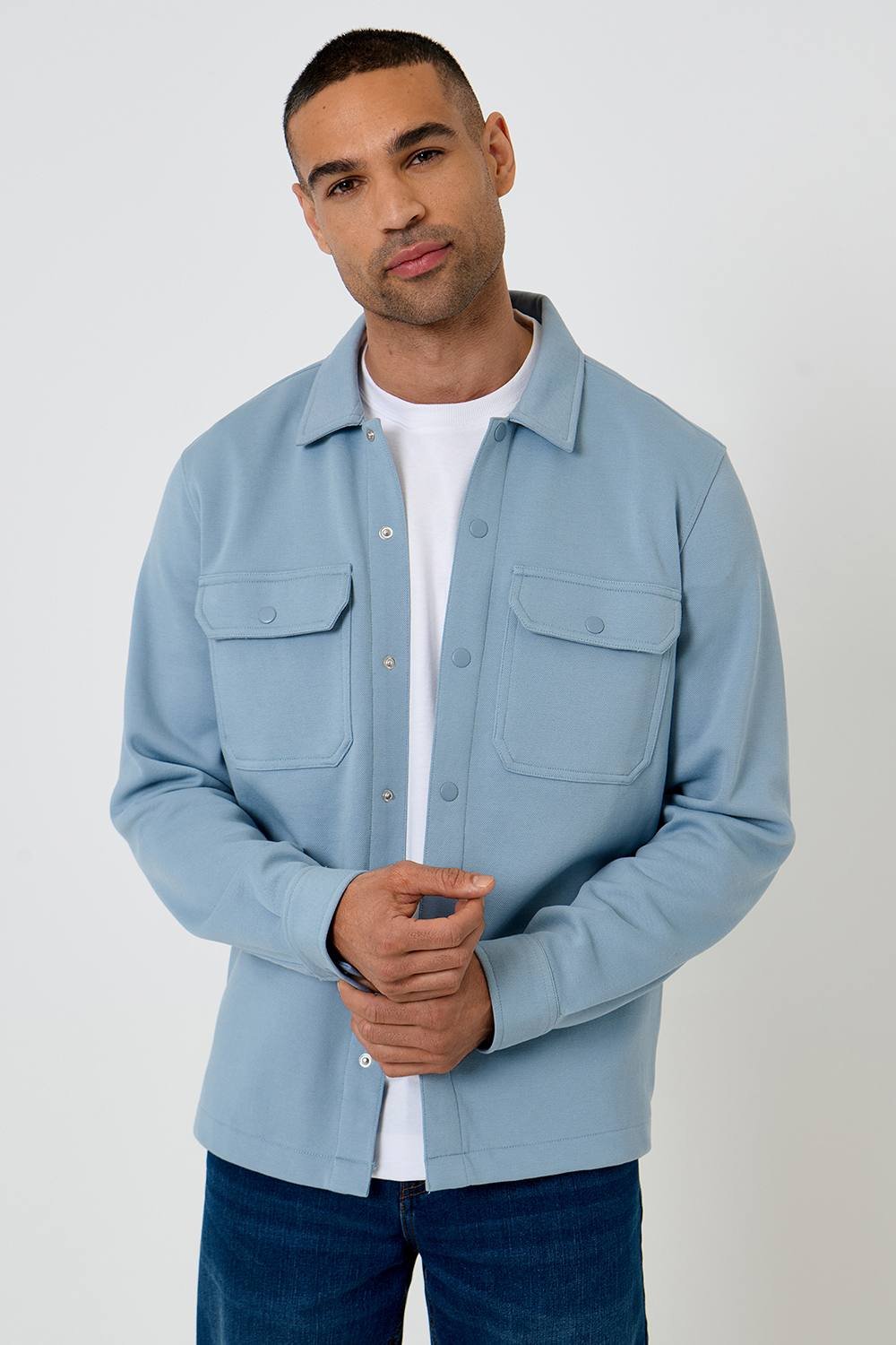 Threadbare Threadbare Men's Cotton Blend Popper Fastening Pique Shacket in Blue - 1