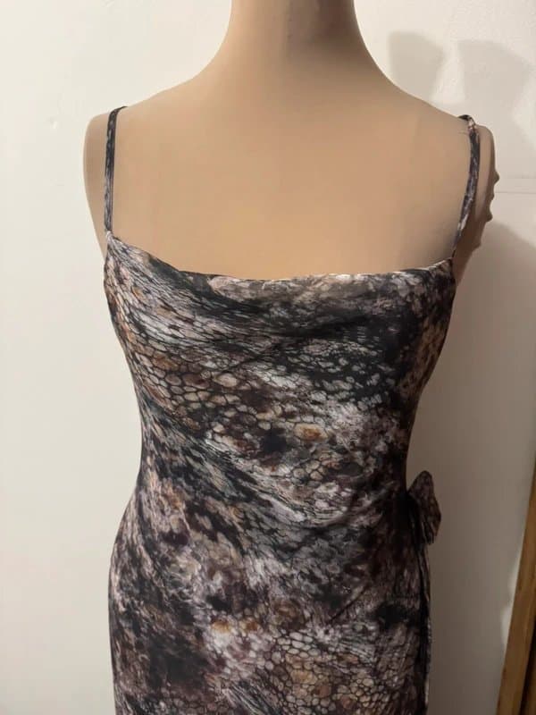 ASOS Design cami maxi dress with neck tie in grey abstract print bias snake earth tone size 10