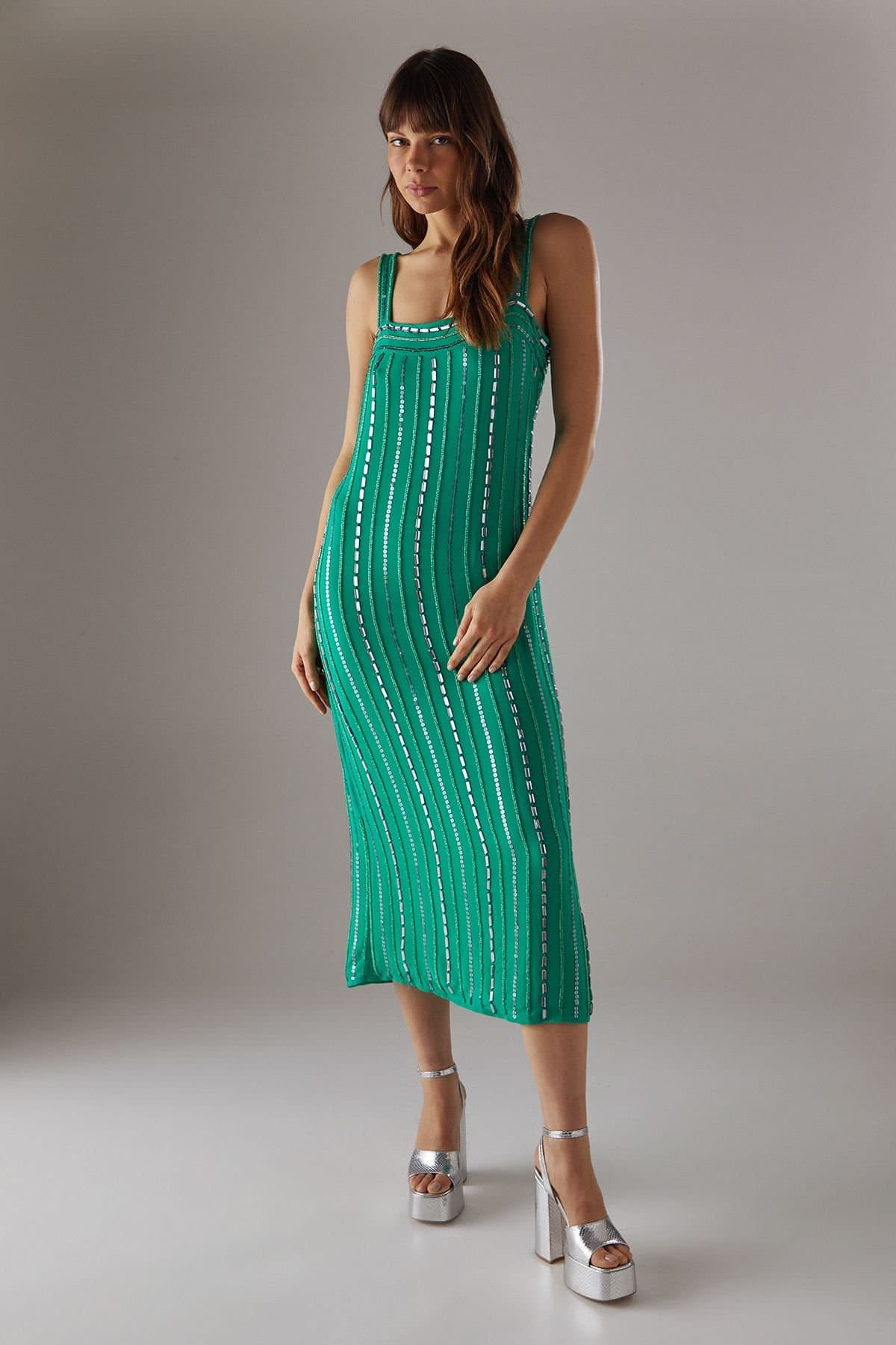 Warehouse Warehouse Women's Hand Embellished Sequin Square Neck Strappy Midi Dress in Green