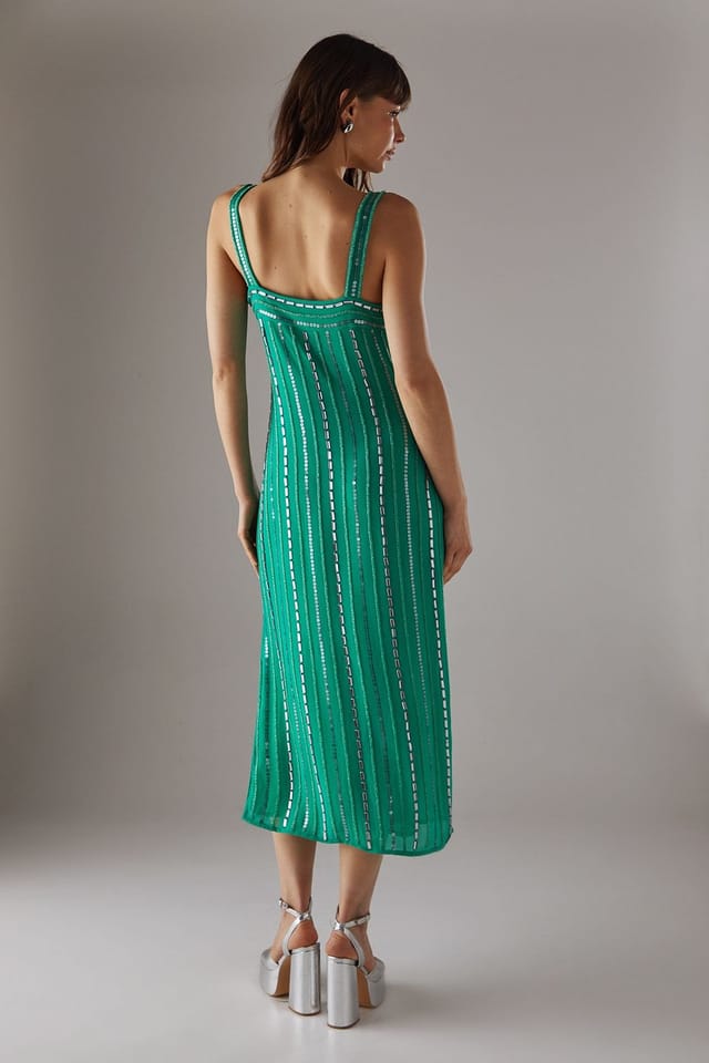 Warehouse Warehouse Women's Hand Embellished Sequin Square Neck Strappy Midi Dress in Green - 3