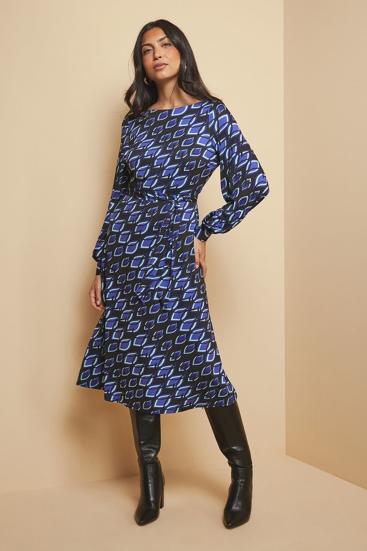 Wallis Wallis Women's Printed Jersey Belted Midi Dress in Blue