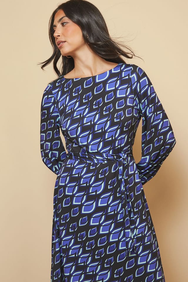 Wallis Wallis Women's Printed Jersey Belted Midi Dress in Blue - 2