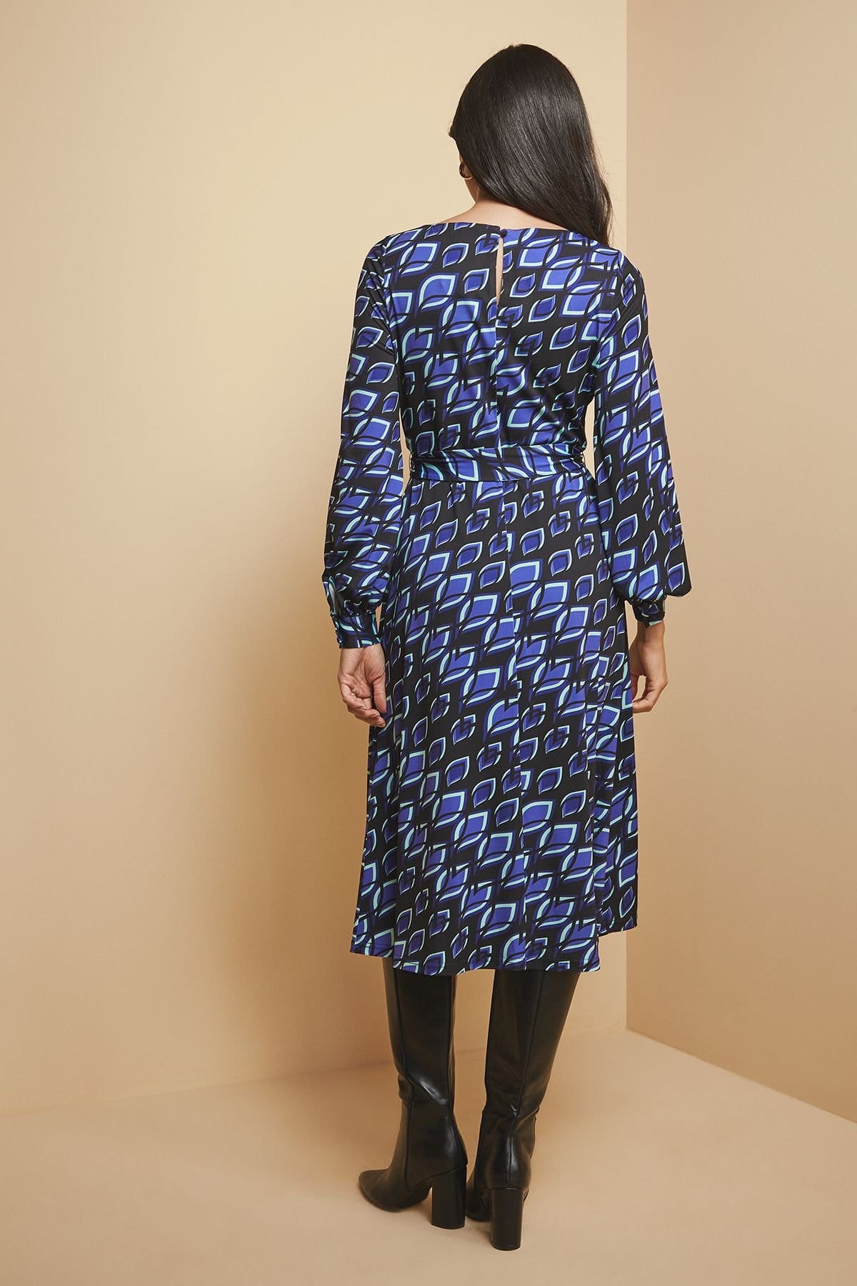 Wallis Wallis Women's Printed Jersey Belted Midi Dress in Blue - 4