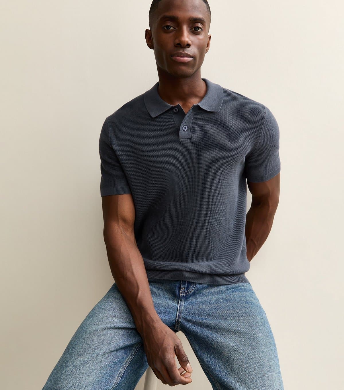 New Look Men's Dark Blue Regular Short Sleeve Textured Polo Top New Look