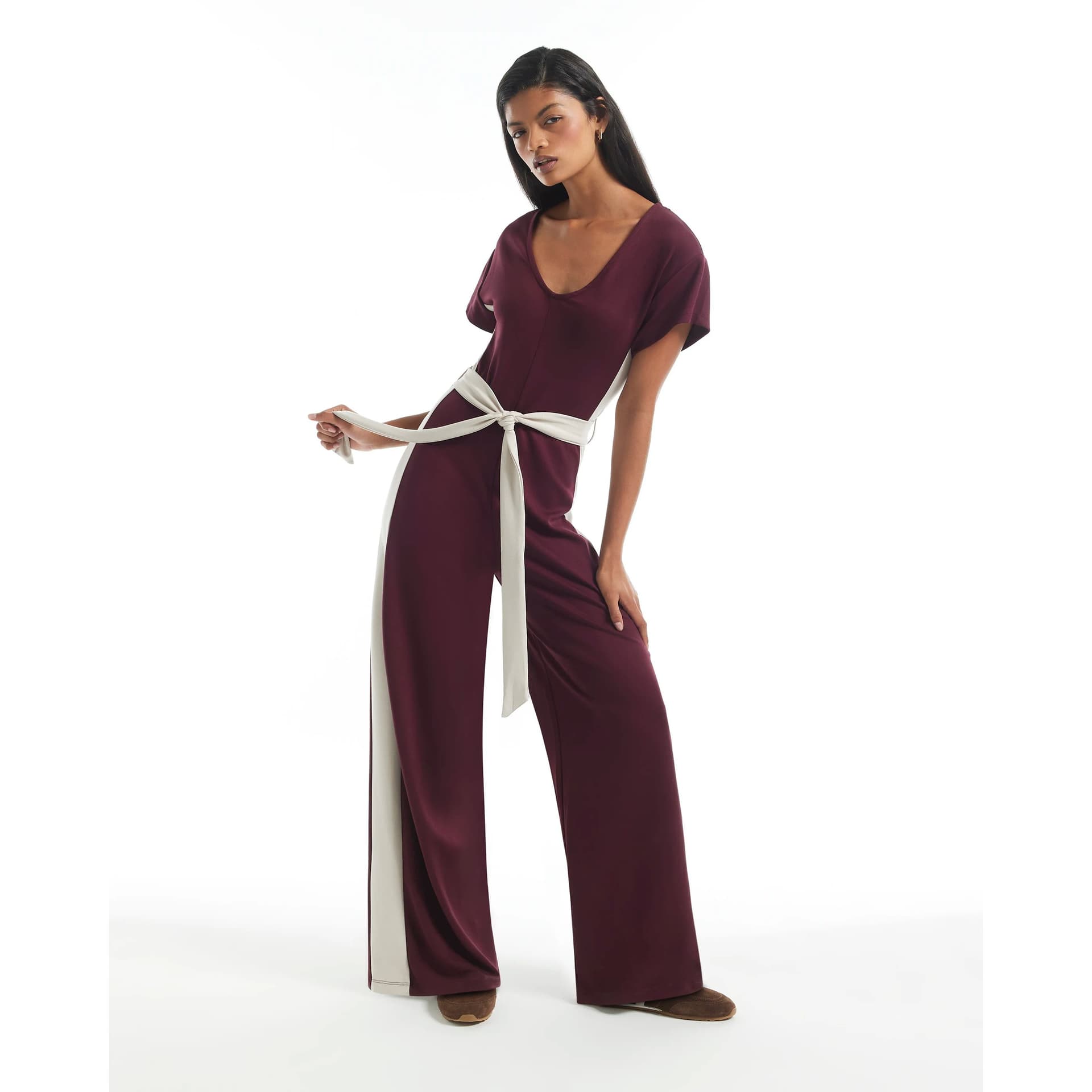 River Island River Island Womens Burgundy Premium Colourblock Jumpsuit