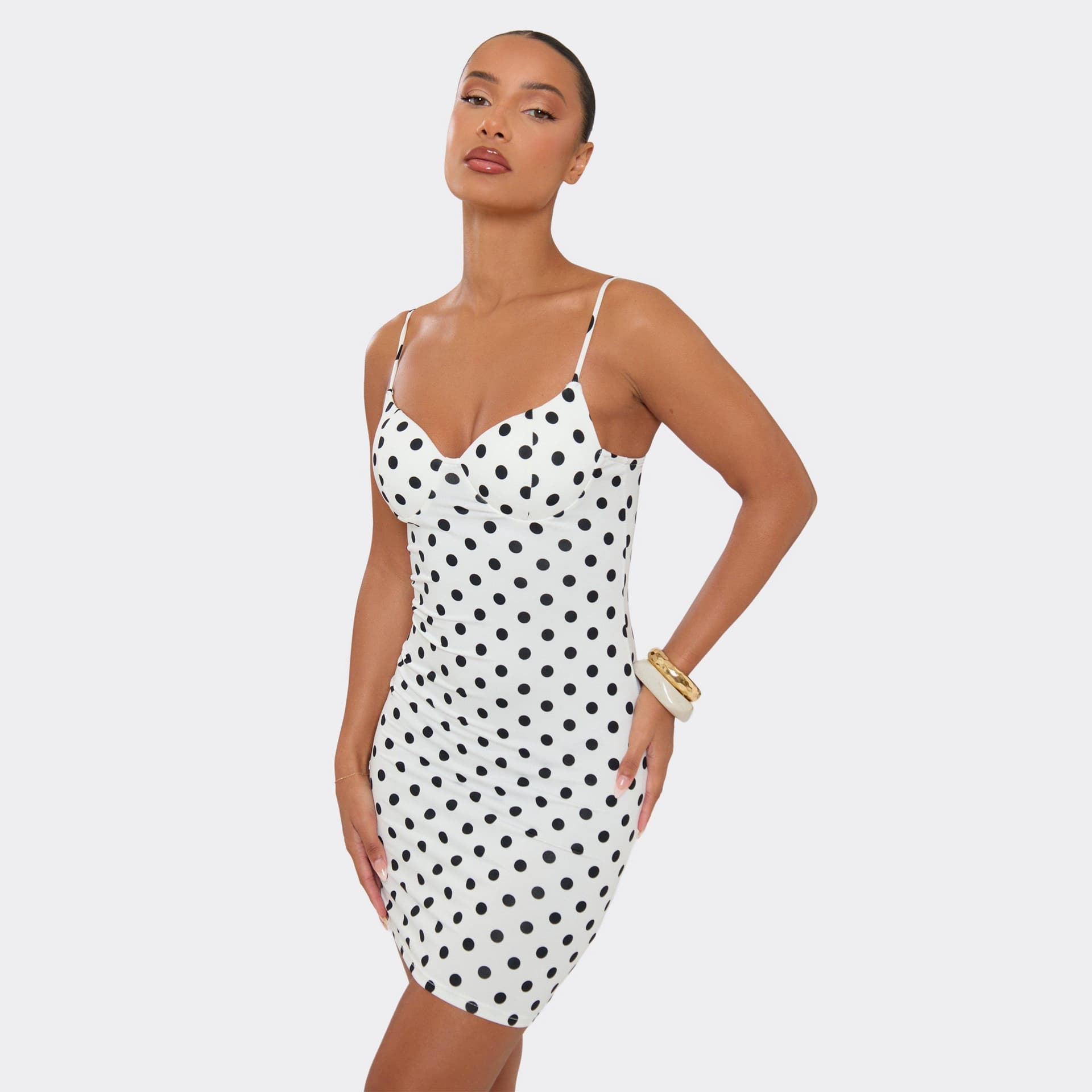 EGO Strappy Cup Detail Bodycon Mini Dress In White Polka Dot, Women's Size UK M/L