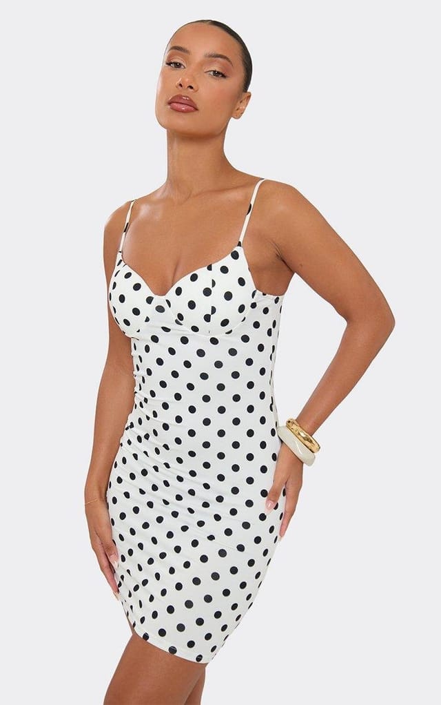 EGO Strappy Cup Detail Bodycon Mini Dress In White Polka Dot, Women's Size UK M/L - 2