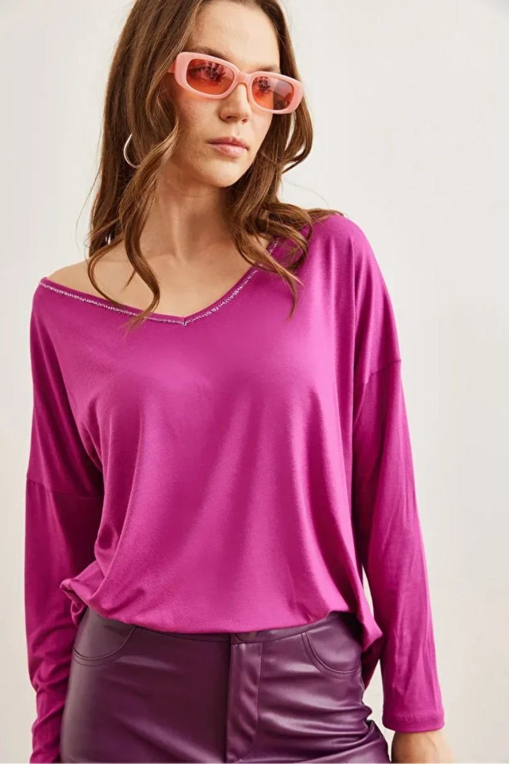 HOXTON GAL HOXTON GAL Women's Regular Fit Casual V-Neck Blouse with Stitch Detail in Purple - 4