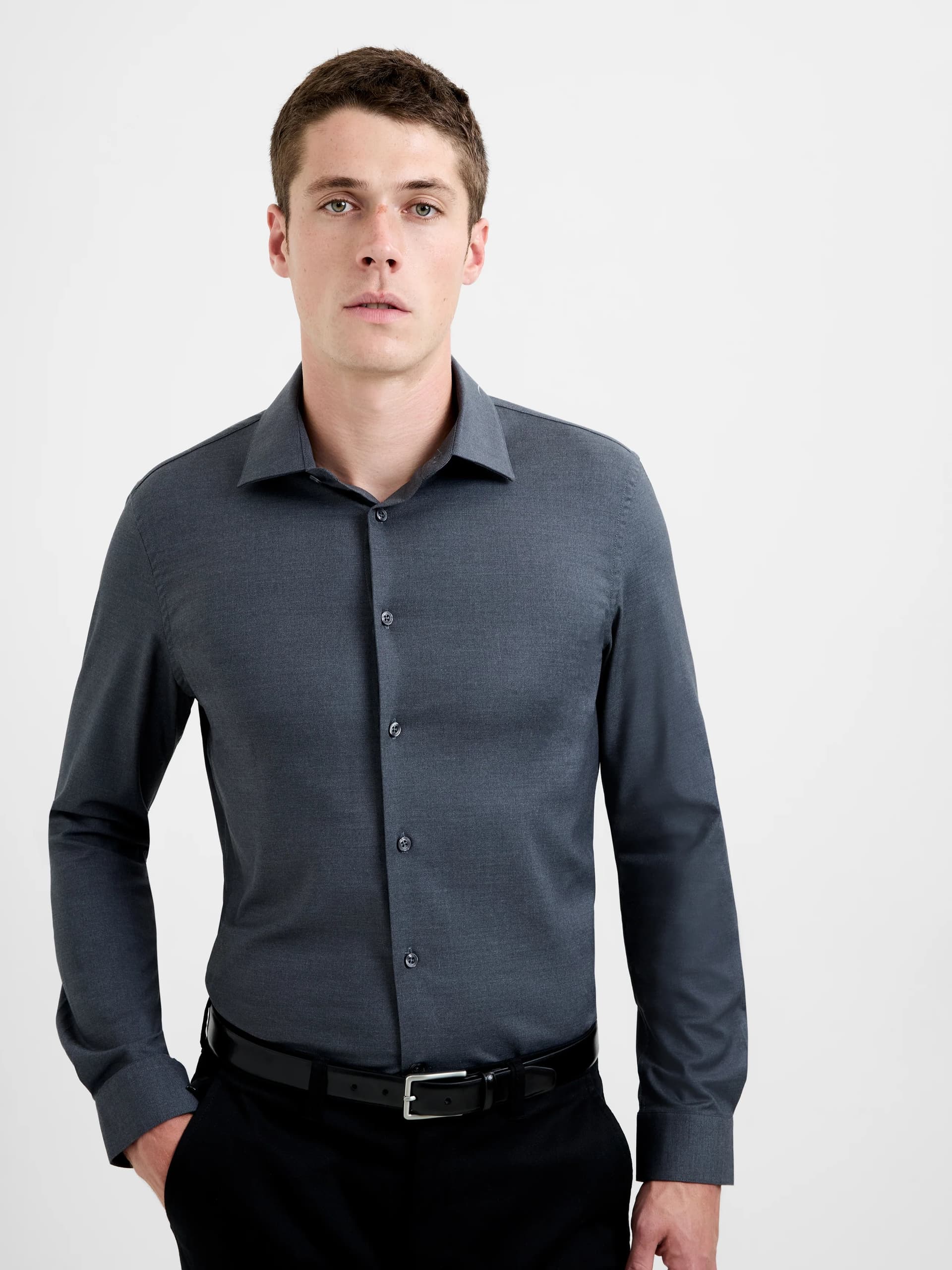 French Connection Slim Fit Wool Blend Long Sleeve Shirt Steel Grey Melange