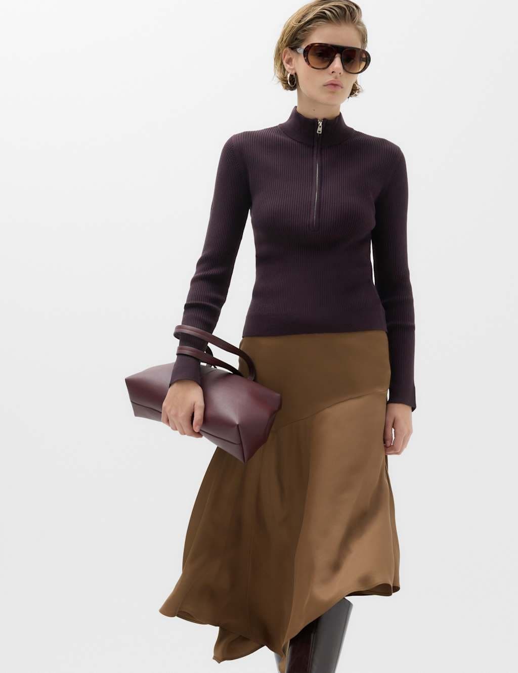 Marks & Spencer M&S Ribbed Textured Half Zip Fitted Knitted Top Dark Mulberry