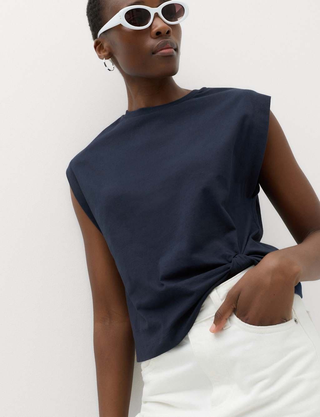 Marks & Spencer M&S Pure Cotton Knot Detail T-Shirt Navy