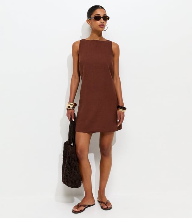New Look Women's Dark Brown Linen Blend Tie Back Mini Dress New Look - 2