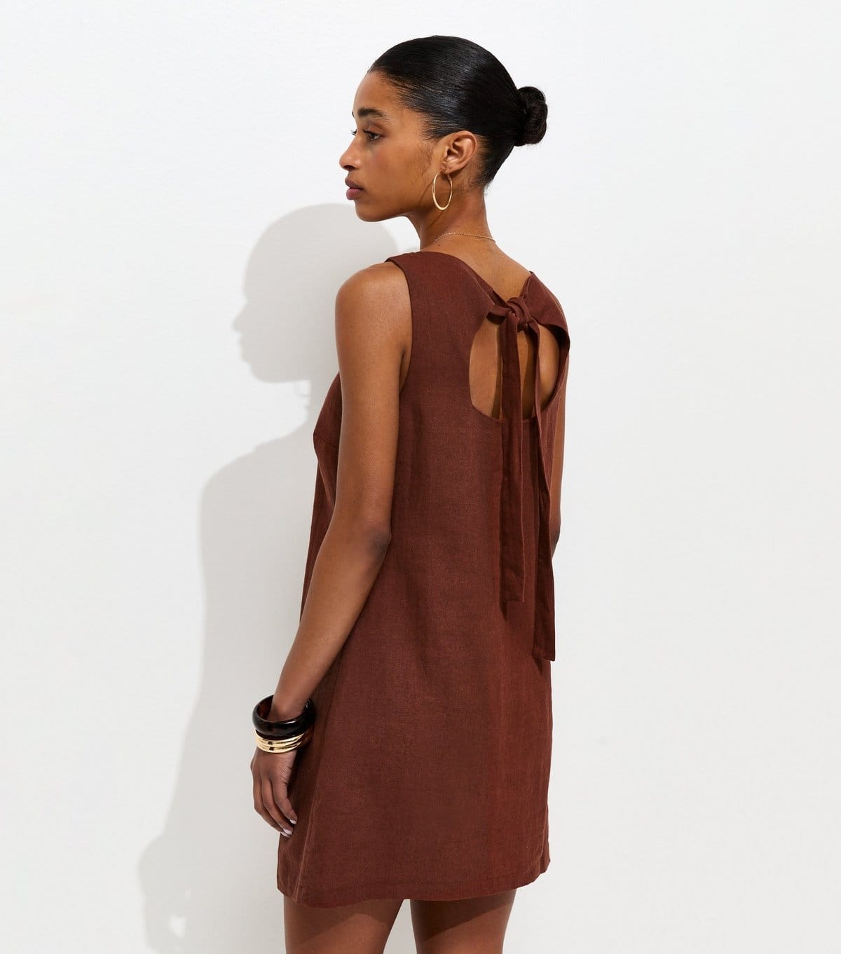 New Look Women's Dark Brown Linen Blend Tie Back Mini Dress New Look - 4