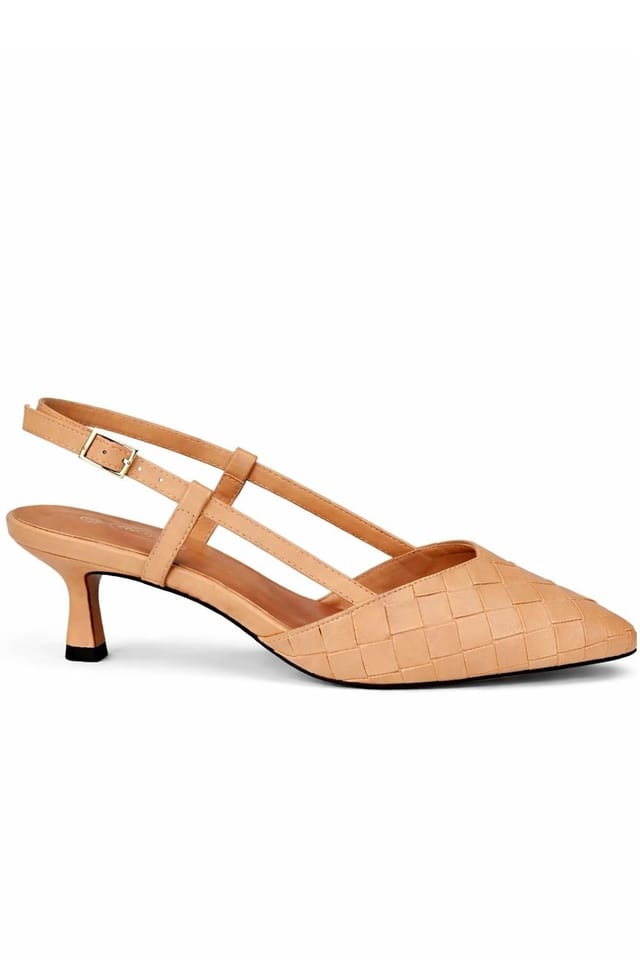 Spot On Spot On Women's Woven Slingback Kitten Heel Shoes with Pointed Toe in Light Brown - 2