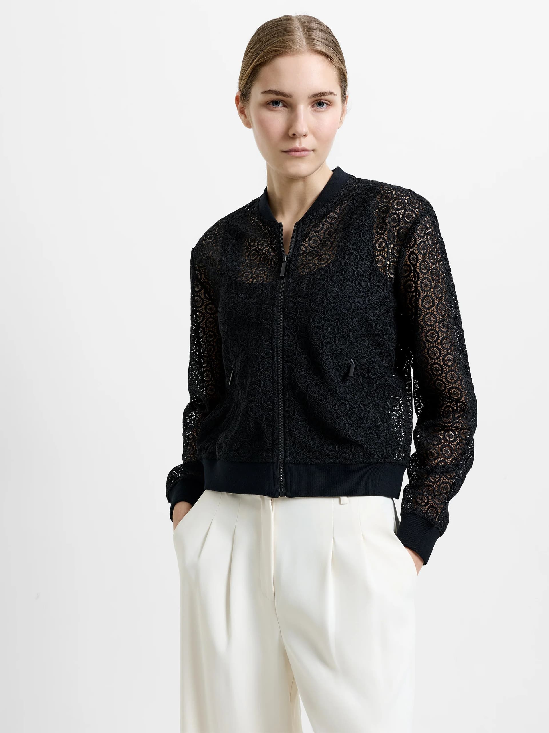 French Connection Krista Lace Mix Knit Bomber Jacket Black